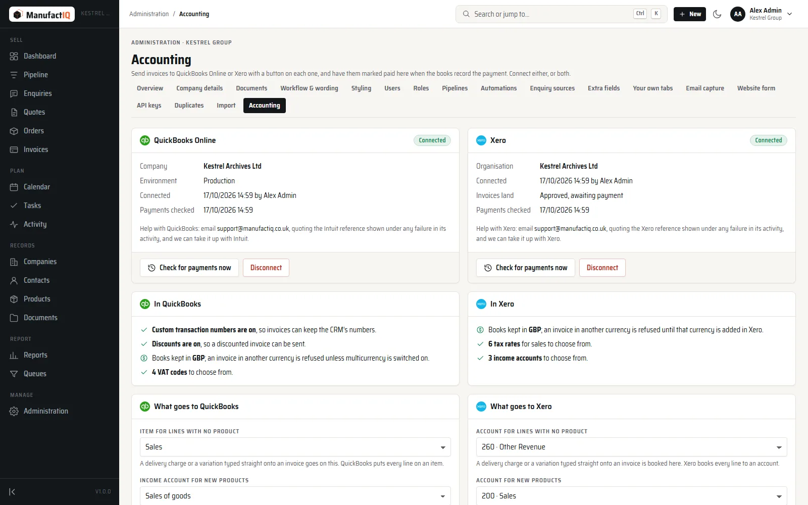 The ManufactIQ accounting page: QuickBooks Online and Xero side by side, each connected, with when payments were last checked and the choices for how invoices go.