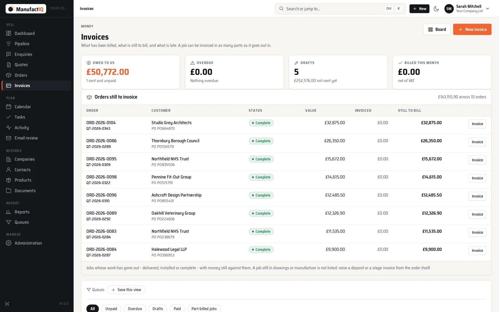 The ManufactIQ invoices screen: money owed, overdue, drafts and billed this month, above the list of orders still to invoice.