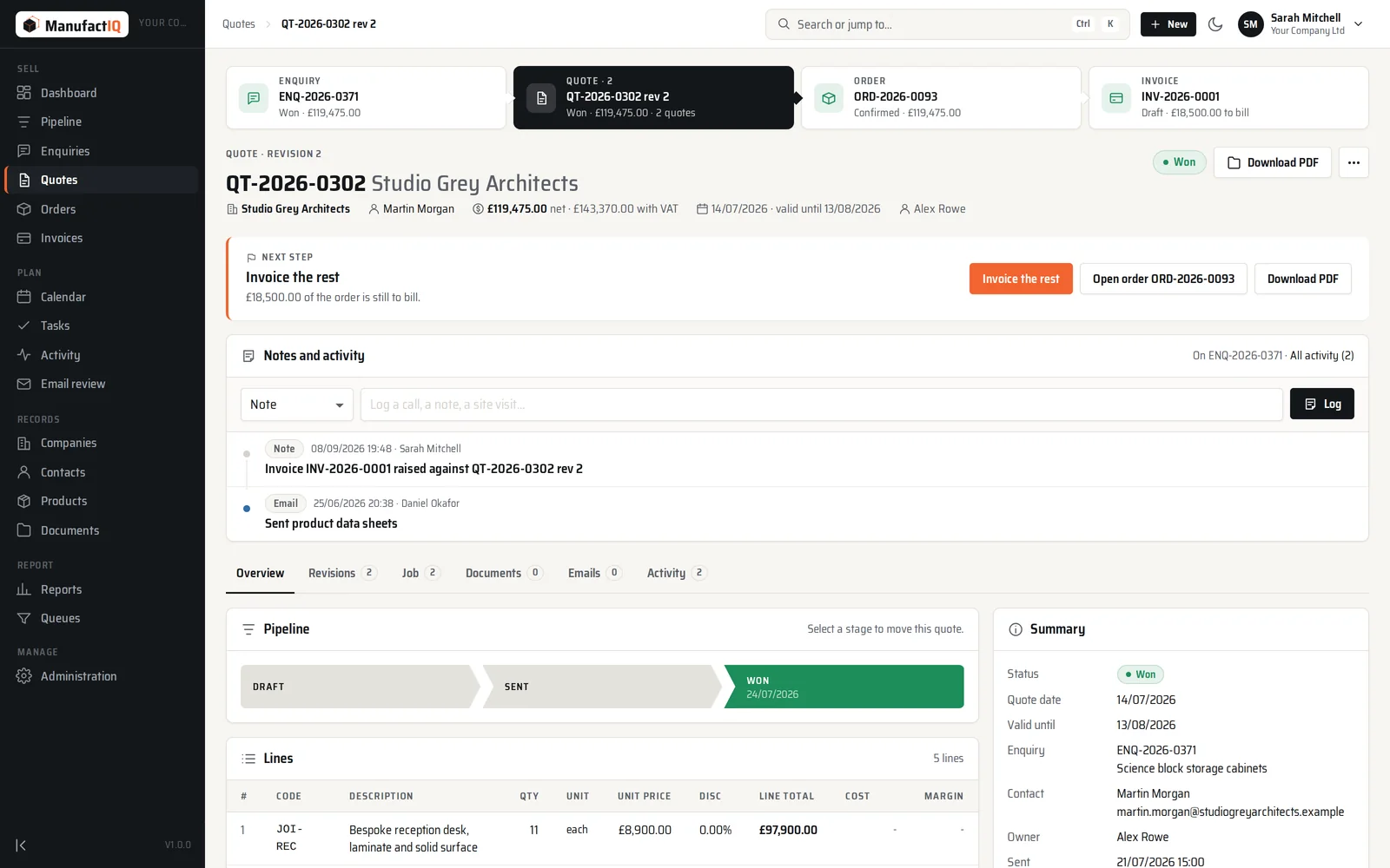 A ManufactIQ quote record at revision 2, linked to its enquiry, order and invoice, with the next step and the activity history.